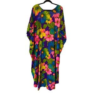 Vintage Sun Fashions Of Hawaii Floral Kaftan Maxi Dress Robe One Size